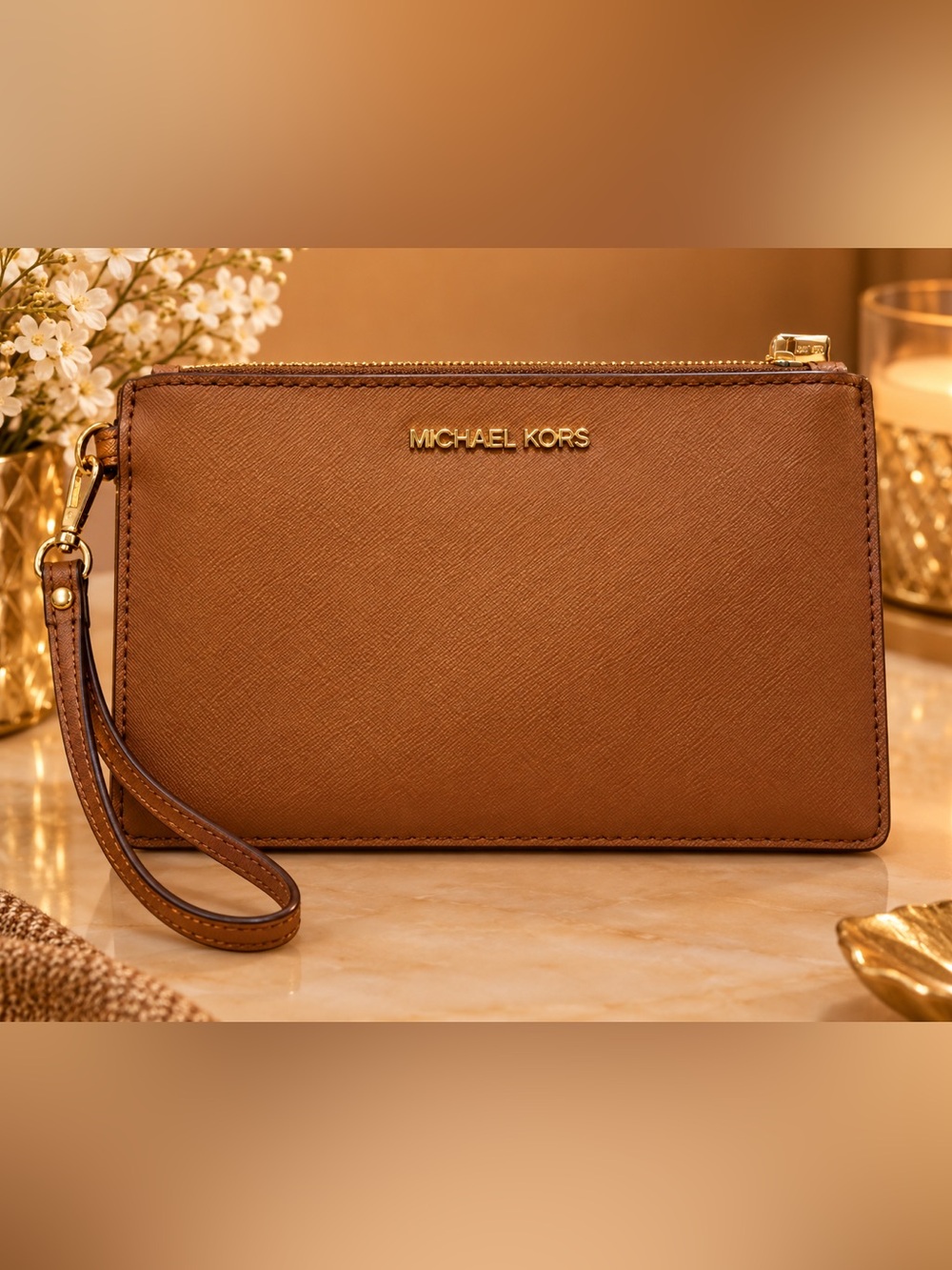 Michael Kors Tan Leather Wristlet with Gold Logo Medium size